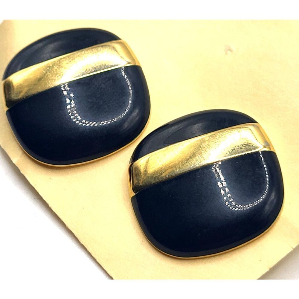 Monet Vintage 80s Square Earrings Enamel Goldtone Metal Alloy Studs 1in